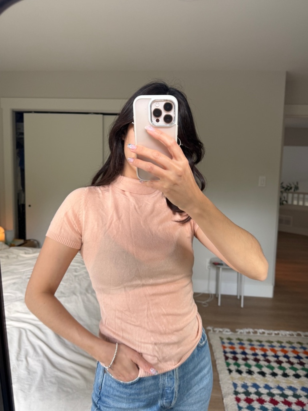 Light Pink Short-Sleeve Knit Mock Neck Top